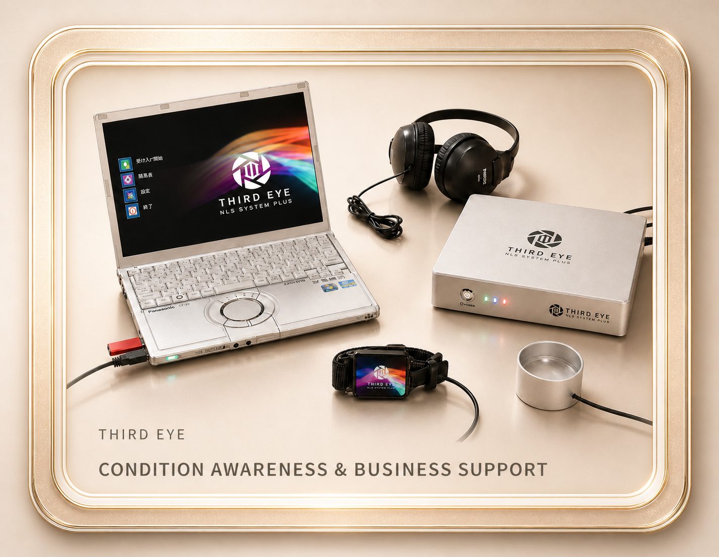 THIRD EYE NLS SYSTEM PLUSの本体ユニット、専用PC、リストインダクター、ヘッドセット、カップセンサーの製品イメージ