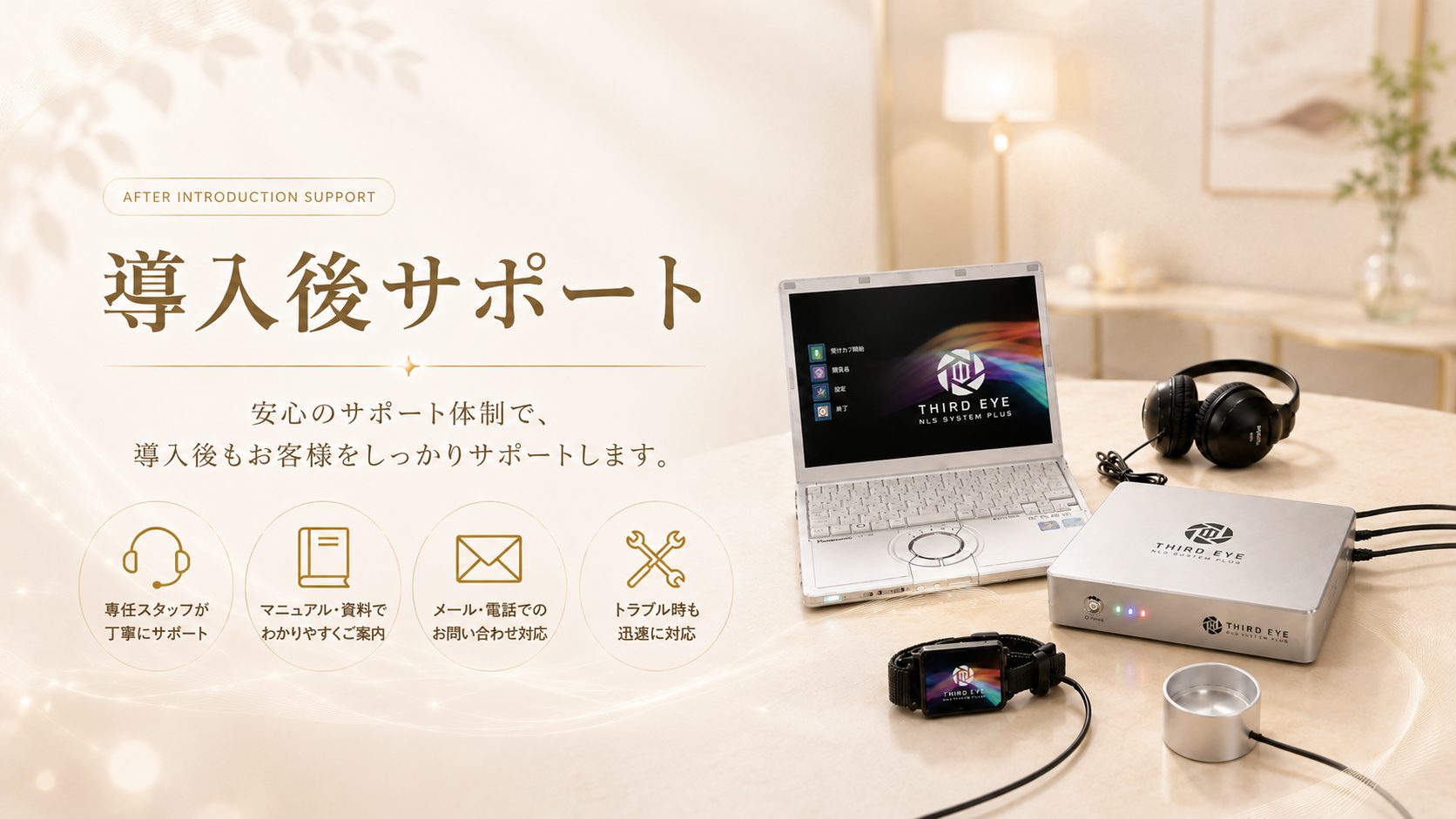 サードアイ導入後サポートのヘッダー画像。専用PC、本体ユニット、リストインダクター、カップセンサーを配置し、導入後の運用・説明・問い合わせ対応を案内するイメージ。