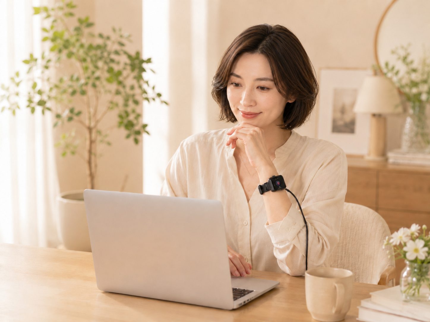 個人利用イメージ｜自宅でノートPCを見ながら左手にリストインダクターを装着してコンディションを確認する女性